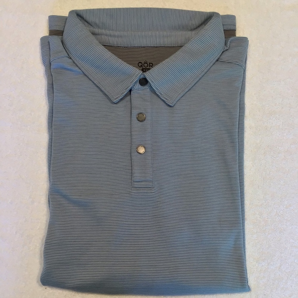 NWOT QOR M XXL LS wool/poly/nlyon blend 3-button polo, light grey/blue